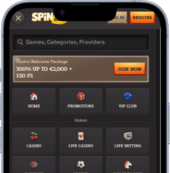 SpinBoss Casino mobile app showing games and navigation